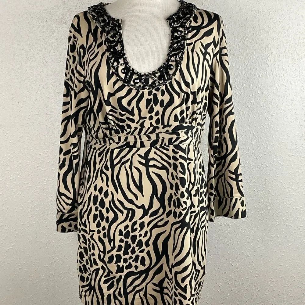 EUC INC International Concepts Tiger Print Beaded Collar Long Dress Top Size L